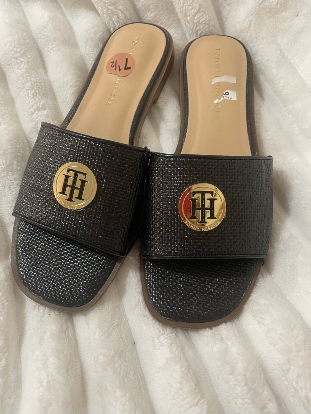 Tommy Hilfiger Brown Slide Sandals with Gold Logo Medallions